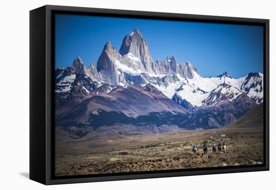 Gauchos Riding Horses and Herding Sheep with Mount Fitz Roy Behind, Patagonia, Argentina-Matthew Williams-Ellis-Framed Stretched Canvas