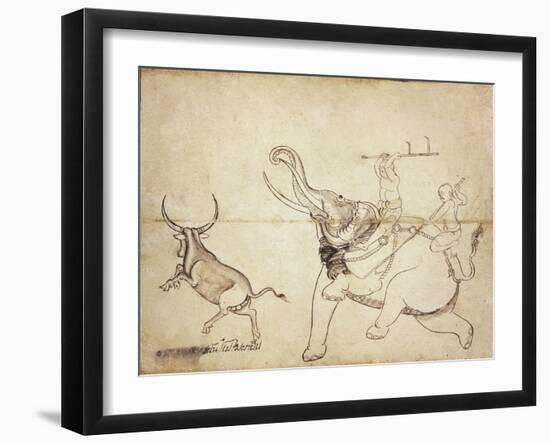 Gaur Hunt, Page from a Manuscript on Elephant Training, Early 20th Century-null-Framed Giclee Print