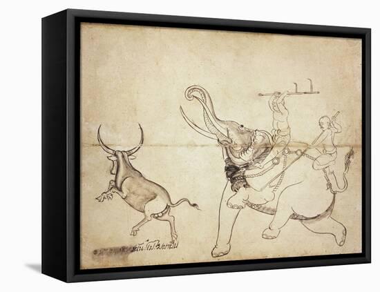 Gaur Hunt, Page from a Manuscript on Elephant Training, Early 20th Century-null-Framed Stretched Canvas