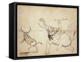 Gaur Hunt, Page from a Manuscript on Elephant Training, Early 20th Century-null-Framed Stretched Canvas