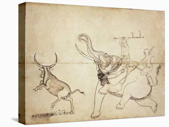 Gaur Hunt, Page from a Manuscript on Elephant Training, Early 20th Century-null-Stretched Canvas