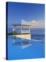 Gazebo Reflecting on Pool with Sea in Background, Long Island, Bahamas-Kent Foster-Stretched Canvas