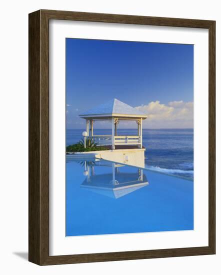 Gazebo Reflecting on Pool with Sea in Background, Long Island, Bahamas-Kent Foster-Framed Photographic Print