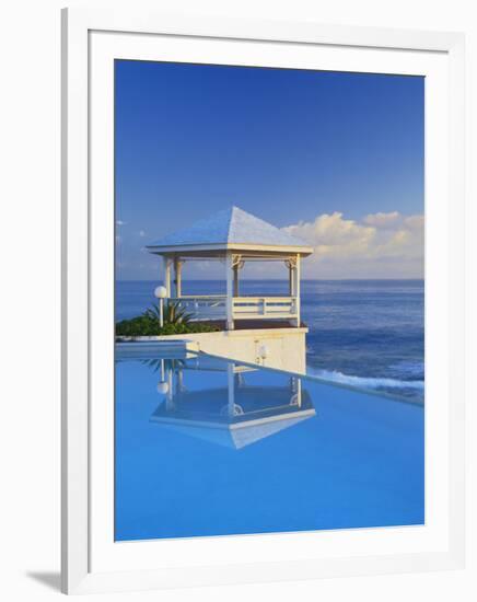 Gazebo Reflecting on Pool with Sea in Background, Long Island, Bahamas-Kent Foster-Framed Photographic Print