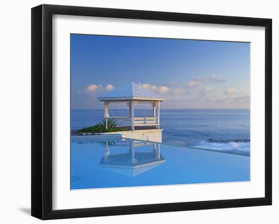 Gazebo Reflecting on Pool with Sea in Background, Long Island, Bahamas-Kent Foster-Framed Photographic Print