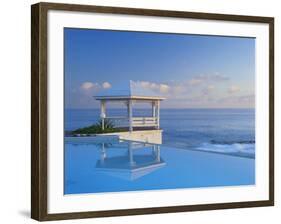 Gazebo Reflecting on Pool with Sea in Background, Long Island, Bahamas-Kent Foster-Framed Photographic Print