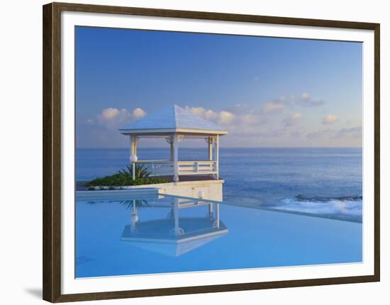 Gazebo Reflecting on Pool with Sea in Background, Long Island, Bahamas-Kent Foster-Framed Photographic Print