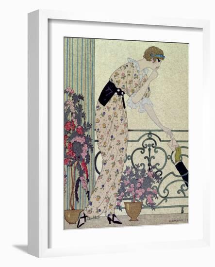 Gazette du Bon Ton, Costume, "N'en Dites Rien", a Lady Standing on a Balcony Receiving a Letter-Georges Barbier-Framed Giclee Print