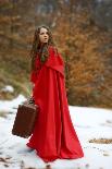 Beautiful Woman with Red Cloak and Suitcase-geanina bechea-Photographic Print