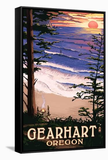 Gearhart, Oregon - Sunset and Surfers-Lantern Press-Framed Stretched Canvas