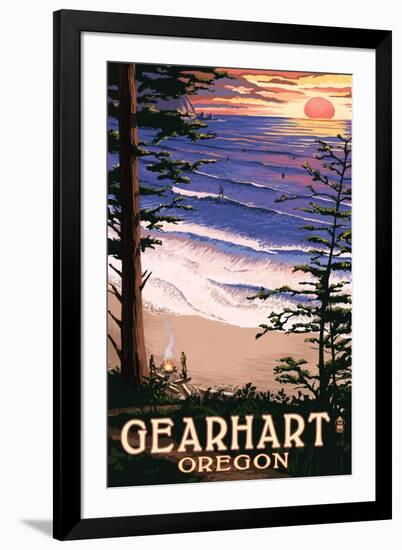 Gearhart, Oregon - Sunset and Surfers-Lantern Press-Framed Art Print