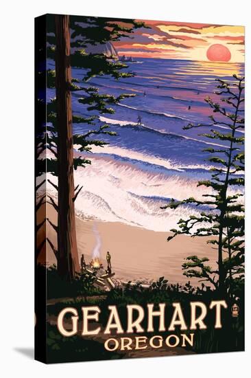 Gearhart, Oregon - Sunset and Surfers-Lantern Press-Stretched Canvas