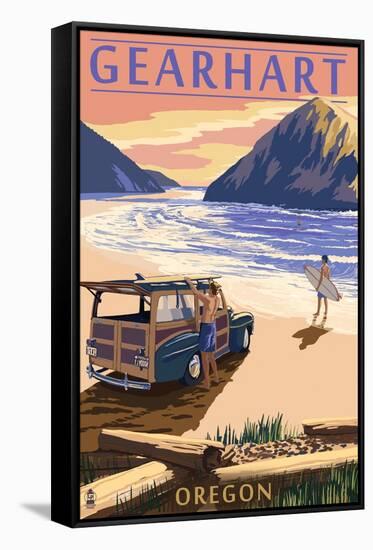 Gearhart, Oregon - Woody on Beach-Lantern Press-Framed Stretched Canvas