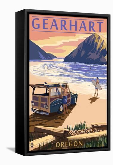 Gearhart, Oregon - Woody on Beach-Lantern Press-Framed Stretched Canvas