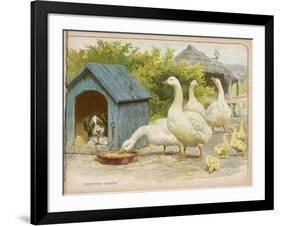 Geese and a Kenneled Dog-null-Framed Art Print