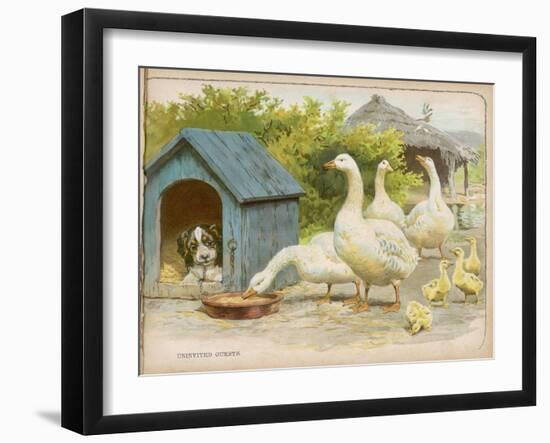 Geese and a Kenneled Dog-null-Framed Art Print