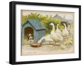 Geese and a Kenneled Dog-null-Framed Art Print