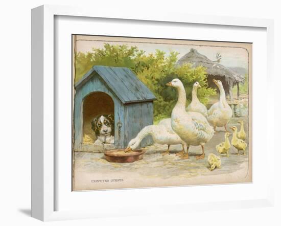 Geese and a Kenneled Dog-null-Framed Art Print