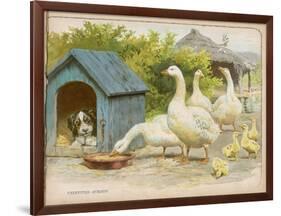 Geese and a Kenneled Dog-null-Framed Art Print