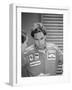 Gehard Berger Listening to a Member of the Ferrari Team, 1988-null-Framed Photographic Print