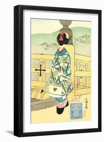 Geisha walking on Bridge-null-Framed Art Print