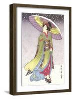 Geisha with Umbrella in Snow-null-Framed Art Print