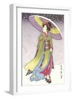 Geisha with Umbrella in Snow-null-Framed Art Print