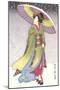 Geisha with Umbrella in Snow-null-Mounted Art Print