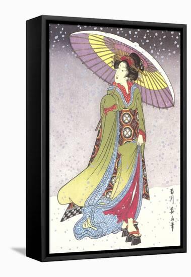 Geisha with Umbrella in Snow-null-Framed Stretched Canvas