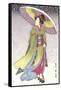 Geisha with Umbrella in Snow-null-Framed Stretched Canvas