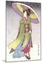 Geisha with Umbrella in Snow-null-Mounted Art Print