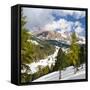 Geisler mountain range in the dolomites of the Groden Valley or Val Gardena in South Tyrol-Martin Zwick-Framed Stretched Canvas