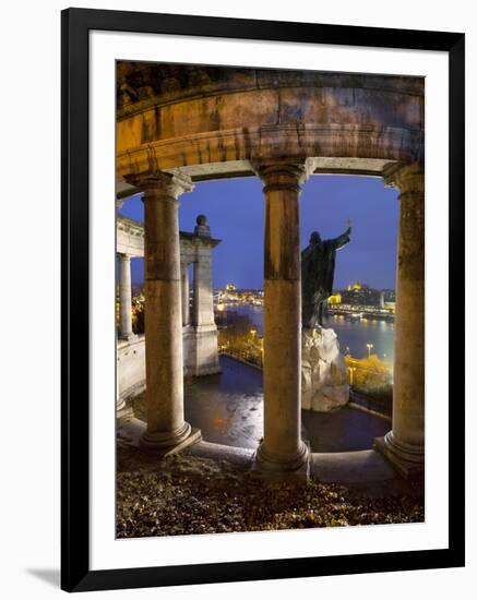 Gellert Monument with View over River Danube and City at Dusk, Gellert Hill, Budapest, Hungary, Eur-Stuart Black-Framed Photographic Print