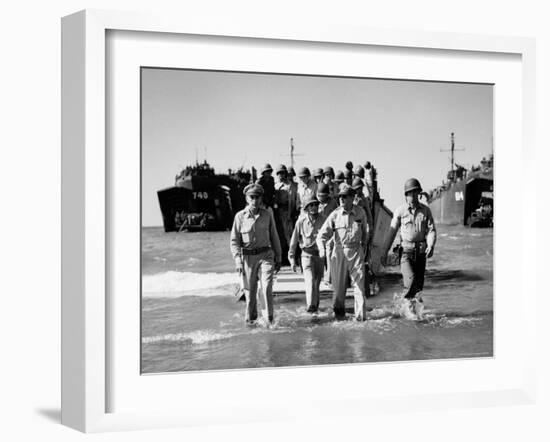 Gen. Douglas Macarthur and Col. Lloyd Lehrbas Wading Ashore During American Landings-Carl Mydans-Framed Premium Photographic Print