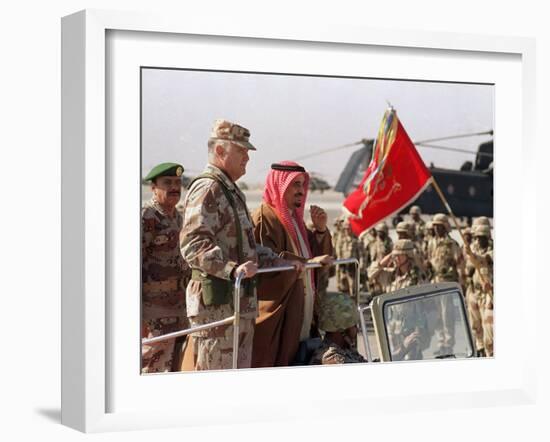 Gen. H. Norman Schwarzkopf with Saudi Arabian King Fahd Reviewing Troops-null-Framed Premium Photographic Print