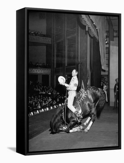 Gene Autry Astride His Famous Horse Champion on Bent Front Knees, Touching Head to Floor, on Stage-Thomas D^ Mcavoy-Framed Stretched Canvas