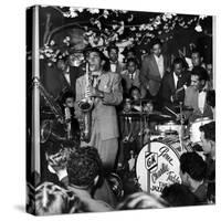 Gene Krupa, American Drummer and Jazz Band Leader, Playing Drums with Saxophonist Charles Ventura-Margaret Bourke-White-Stretched Canvas