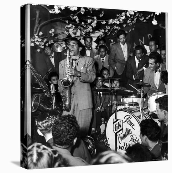 Gene Krupa, American Drummer and Jazz Band Leader, Playing Drums with Saxophonist Charles Ventura-Margaret Bourke-White-Stretched Canvas