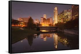 Gene Leahy Mall Skyline at Dawn, Omaha, Nebraska, USA-Walter Bibikow-Framed Stretched Canvas