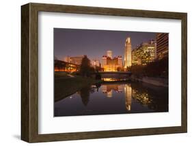 Gene Leahy Mall Skyline at Dawn, Omaha, Nebraska, USA-Walter Bibikow-Framed Photographic Print