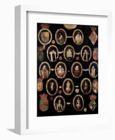 Genealogical Chart Tracing the Tudor Roots of Mary Stuart, Queen of Scots (1542-87) and Her Son…-null-Framed Giclee Print