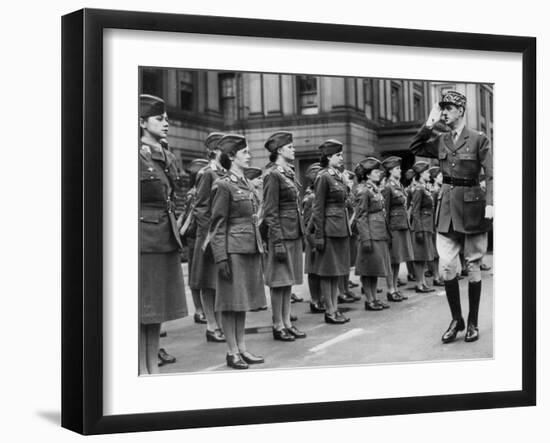 General Charles De Gaulle During Review of Young Women of Free French Forces at Wellington Barracks-null-Framed Photo
