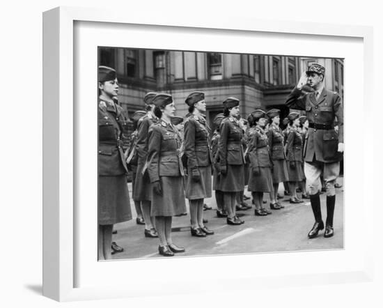 General Charles De Gaulle During Review of Young Women of Free French Forces at Wellington Barracks-null-Framed Photo