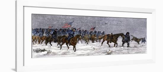 General Custer's Cavalry Marching to Attack a Cheyenne Village on the Great Plains, 1868-null-Framed Giclee Print