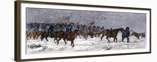 General Custer's Cavalry Marching to Attack a Cheyenne Village on the Great Plains, 1868-null-Framed Giclee Print