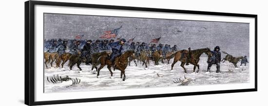 General Custer's Cavalry Marching to Attack a Cheyenne Village on the Great Plains, 1868-null-Framed Giclee Print