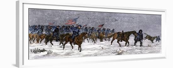 General Custer's Cavalry Marching to Attack a Cheyenne Village on the Great Plains, 1868-null-Framed Giclee Print