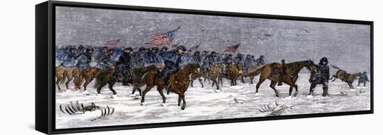 General Custer's Cavalry Marching to Attack a Cheyenne Village on the Great Plains, 1868-null-Framed Stretched Canvas