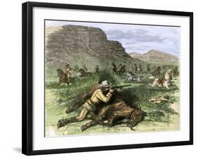 General Custer's Scout Surrounded by Hostile Arapahoes in the Black Hills, Dakota Territory, c.1874-null-Framed Giclee Print