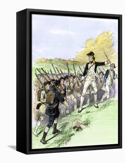 General John Stark Leading His New Hampshire Militiamen at Battle of Bennington, Vermont, c.1777-null-Framed Stretched Canvas